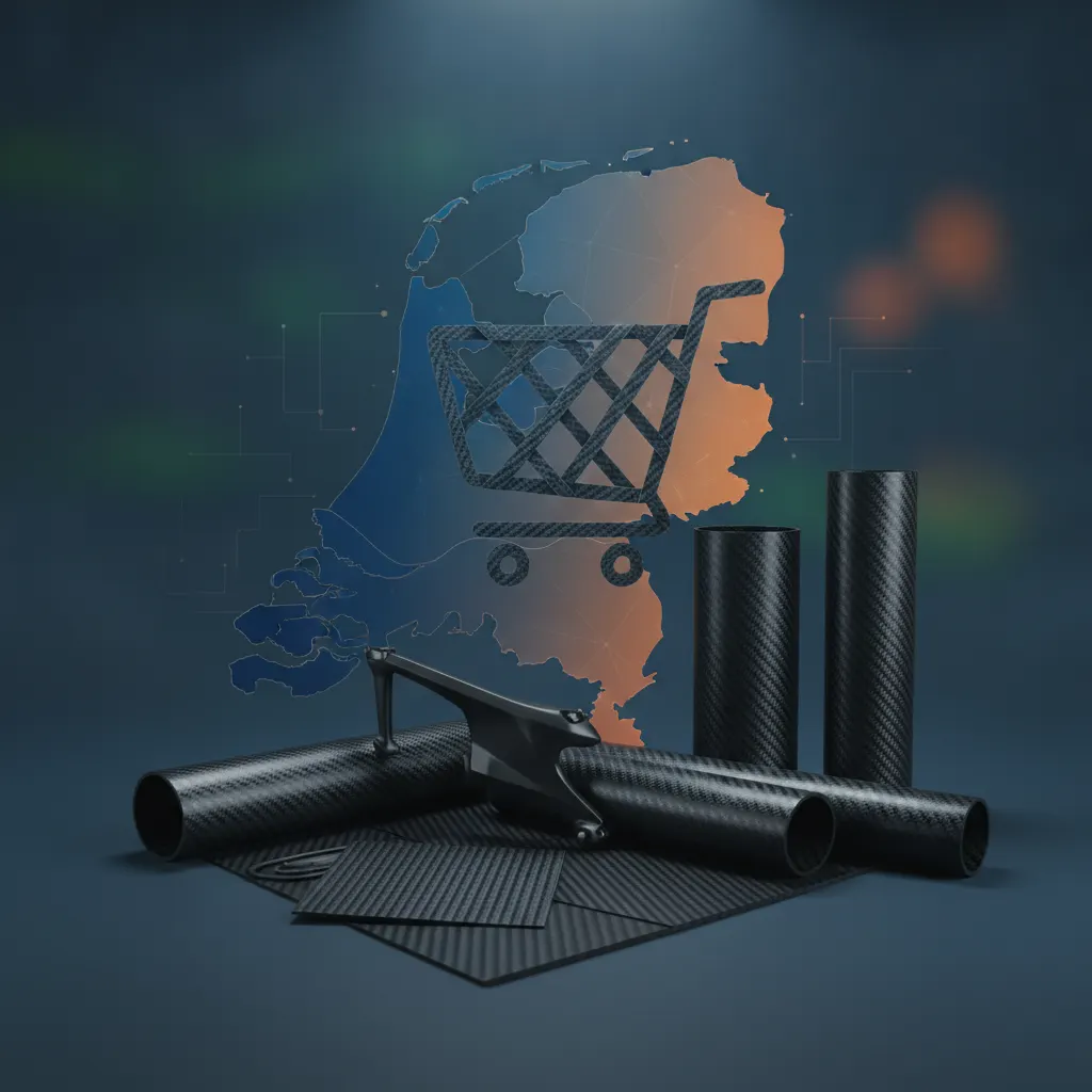 Rollen zwart carbonweefsel en platen carbon fiber op een werkbank